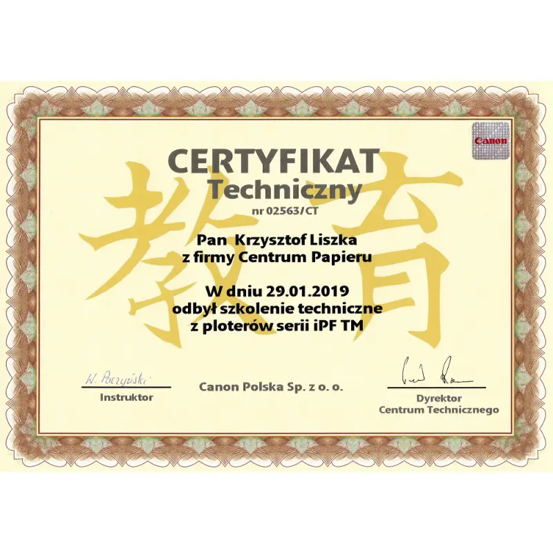 Certyfikat techniczny z ploterów CANON iPF z serii TM