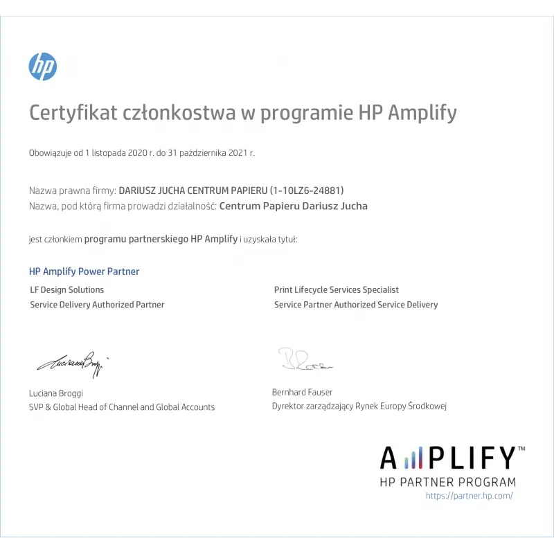 Certyfikat członkostwa w programie HP Amplify